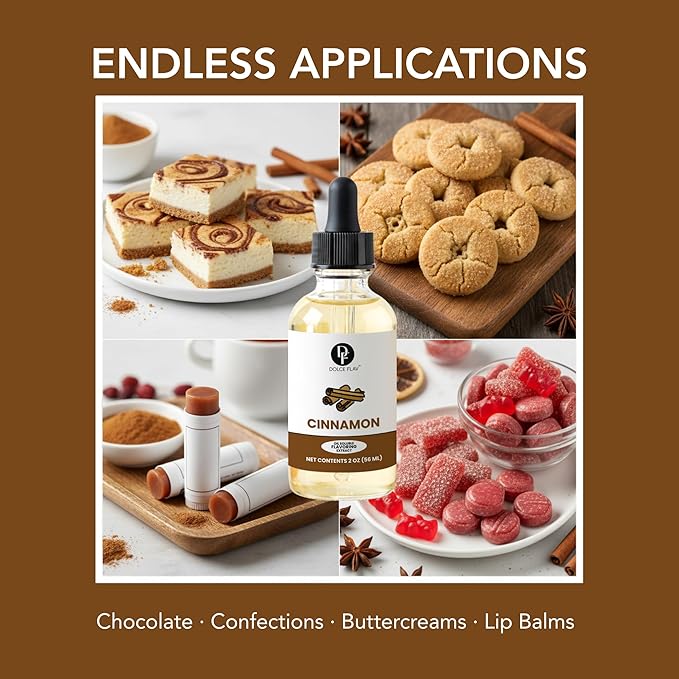 Dolce Flav Natural Cinnamon Extract – 2 Ounce Oil-Soluble Kosher, Sugar-Free, Concentrated Spice Flavor for Candy, Chocolates & Desserts, Includes Measured Dropper