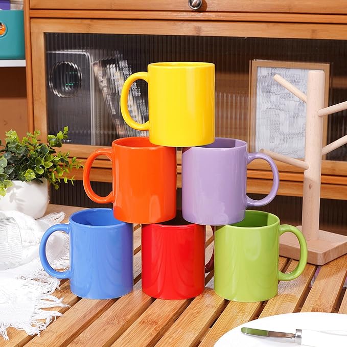 Multi-Coloured Ceramic Mugs Set of 6-11.2 oz / 330ml-Coffee Mugs-Cappuccino-Tea Cups- Hot Chocolate Cups (Warm color, Large)
