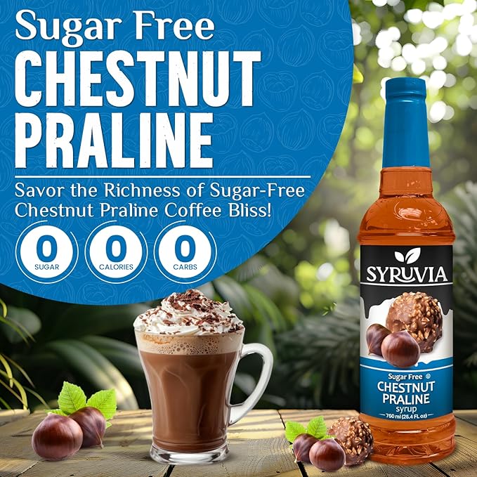 Syruvia Sugar Free Coffee Syrup, Chestnut Praline Flavored Syrup for Drinks, Lattes, and Desserts – 25.4 fl oz, With Pump
