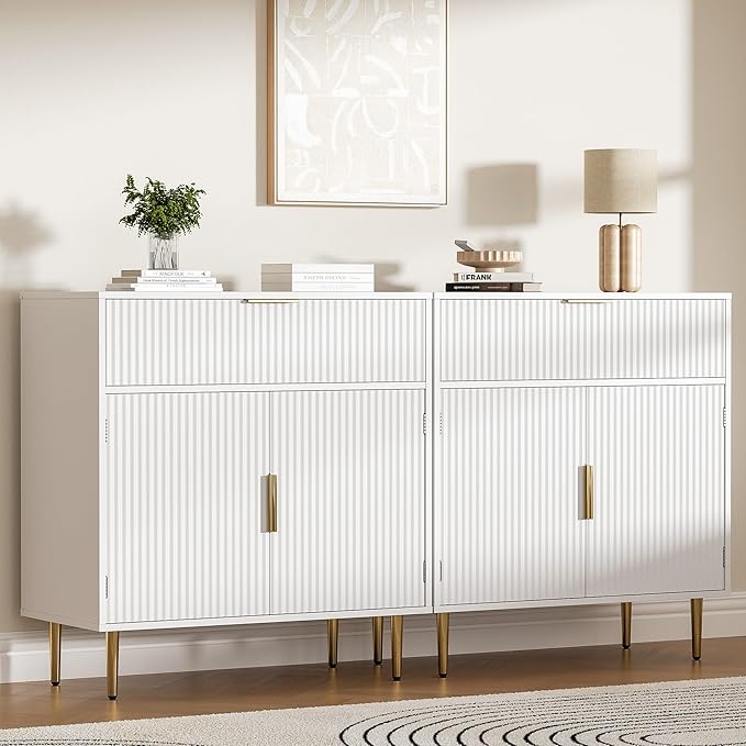 Coffee Bar Cabinet with 2 Doors & Drawer, Sideboard Buffet with Adjustable Shelves, Accent Liquor Cabinet with Storage, Console Table for Living Dining Room, White
