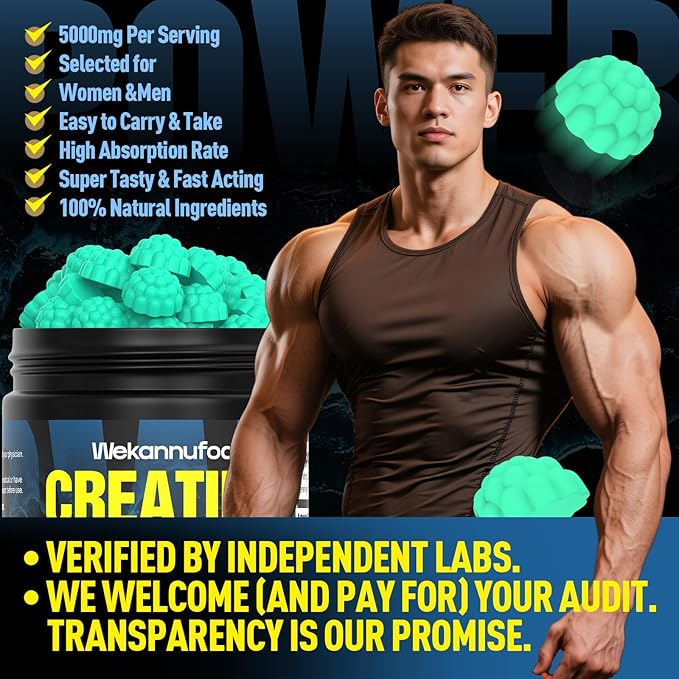 Creatine Monohydrate Gummies for Men & Women,5000MG Creatine Gummy Sugar Free. Boost Focus,Strength, and Endurance, Anti-Melting Formula, Vegan, Gluten-Free, Non-GMO,(Blueberry 90 ct)