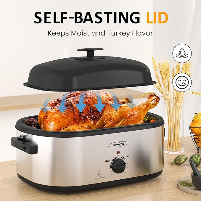 Sunvivi 20 QT Electric Roaster Oven with Self-Basting Lid, 3 Compartments, and Keep Warm Function, Full-Range Temperature Control (150-450°F), Stainless Steel