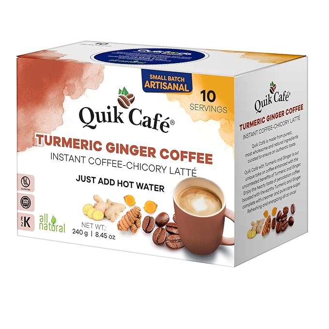 QuikCafe Turmeric Ginger Coffee – 10 Count, Bold Turmeric Ginger Flavor, Naturally Caffeine-Light, no preservatives, – Just Add Hot Water