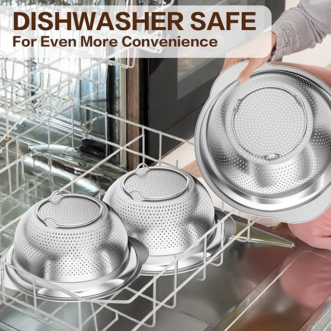 Stainless Steel Colander for Kitchen, Stainless Steel Strainer, Pasta Strainer for Spaghetti Fruit Vegetable Cooking Food, 3 Pcs Strainers and Colanders(2QT, 3QT, 5QT), Dishwasher Safe, Christmas Gift