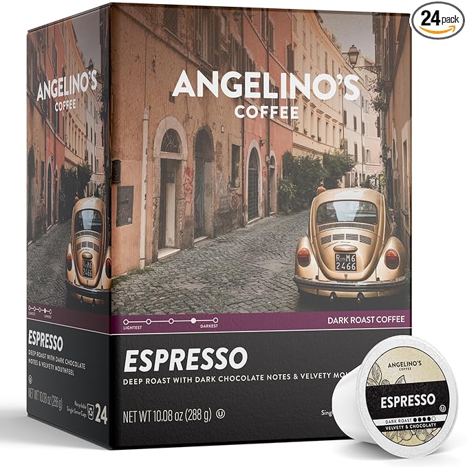 Angelino's Coffee Espresso Pods Made for Keurig Machines - 24 Count, Dark Roast Coffee for Keurig K-Cup Brewers, Cafe Style, Best Strong Espresso Coffee Pods (24 Count, Espresso)