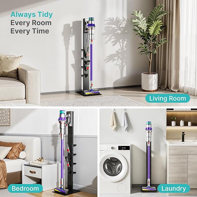 Vacuum Cleaner Stand, Compatible with Dyson Gen5 V15 V12 V11 V10 V8 V7 V6, Floor Cordless Vacuums Attachment Holder with 4 Hooks and 4 Shelves, Metal Storage Bracket Organizer, Black