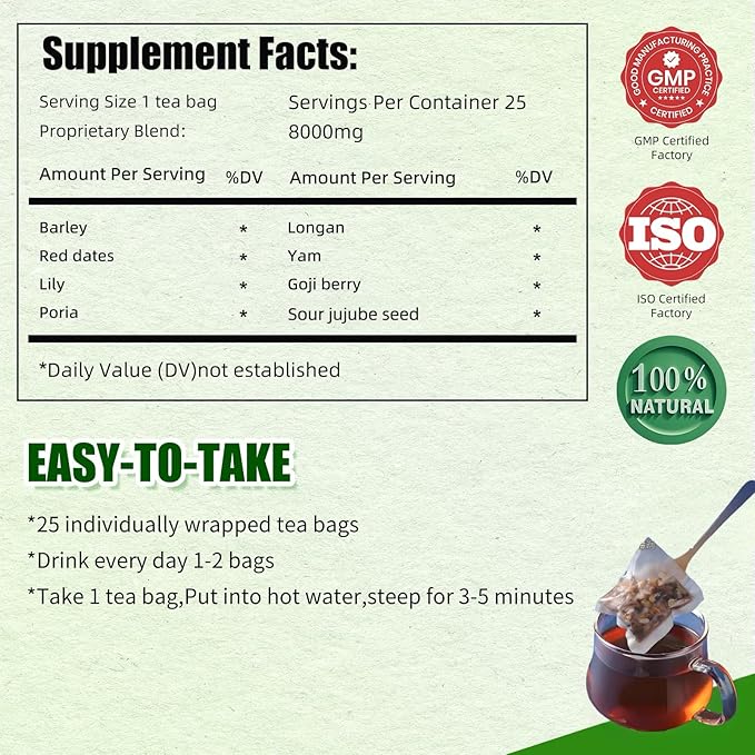 Eastrue Herbal Tea for Sleepytime-Caffeinated Barley Tea Blend 8 Natural Herbs with Jujube Dates,Goji berry, Promotes Healthy Digestion,Pressure Balance,Menopause,Organic,25 Tea Bags