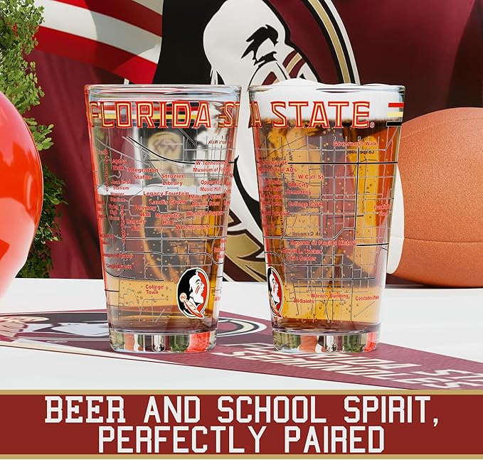 Greenline Goods – Florida State University Seminoles College Pint Beer Glasses (Set of 2), 16 oz – Full-Color Logo + Campus Map