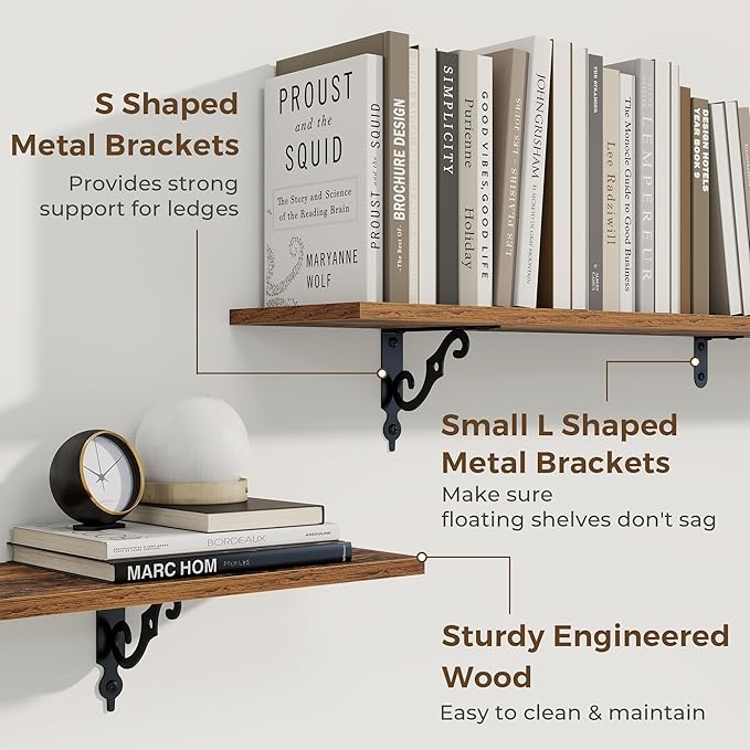 RICHFOCUS Floating Shelves for Wall Decor, 55.1W x 8D Shelf Set of 2, 8 Inch Deep Rustic Wood Shelves Wall Mounted with Brackets, Long Shelves for Living Room Bedroom Kitchen, Rustic Brown