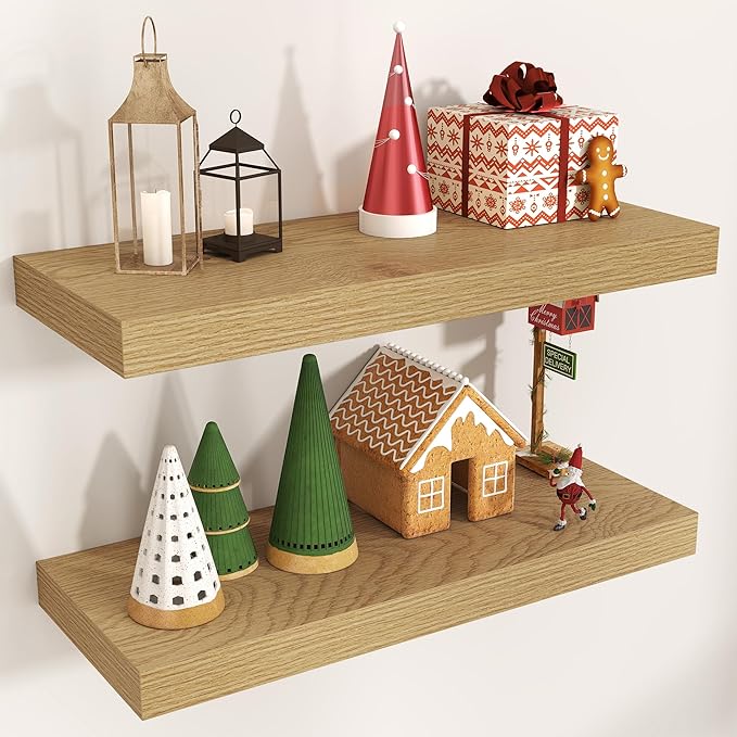 Floating Shelves for Wall, Engineered Wood Wall Shelves with Invisible Brackets for Living Room Bedroom Bathroom Office Kitchen Decor and Storage (Oak, 24" W x 9" D x 1.5" H) Set of 2