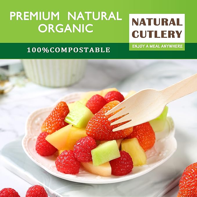 Disposable Wooden Forks -Pack of 100, 6.5" Length-Biodegradable, Natural Wooden Utensils, Great for Parties,Camping,Weddings&Dinner Events (Forks)
