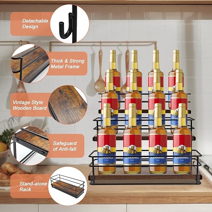12 Bottle Coffee Syrup Organizer Rack, 3-Tier Syrup Holder Stand for Coffee Bar, Kitchen Countertop Storage Shelf for Wine, Liquor & Condiment Bottles Display