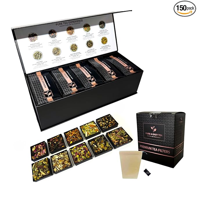 Pure And Easy Tea, Premium Tea Sampler Gift Box & Biodegradable Tea Filters, Tea Lovers Dream, 30 Count Tea Collection Makes 60 Cups