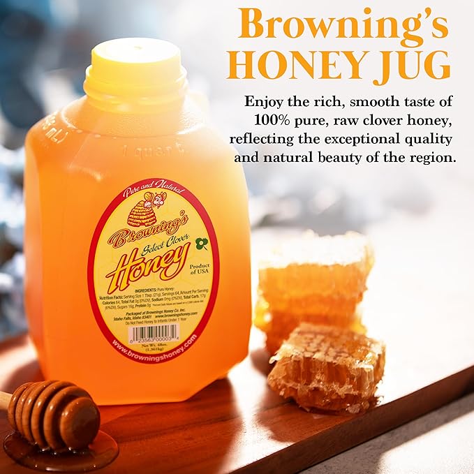 Browning's Honey Jug - Pure Raw Clover Honey, Natural Sweetener, Unfiltered and Unpasteurized, Perfect for Cooking, Baking, and Beverages (3 lb Jug)