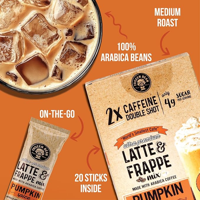 The Frozen Bean Pumpkin Spice Frappe & Latte Instant Mix (20 Sticks), Made with Arabica Coffee, Double Shot Caffeine, Low Sugar & Premium Ingredients, Hot, Iced, or Blended Drinks