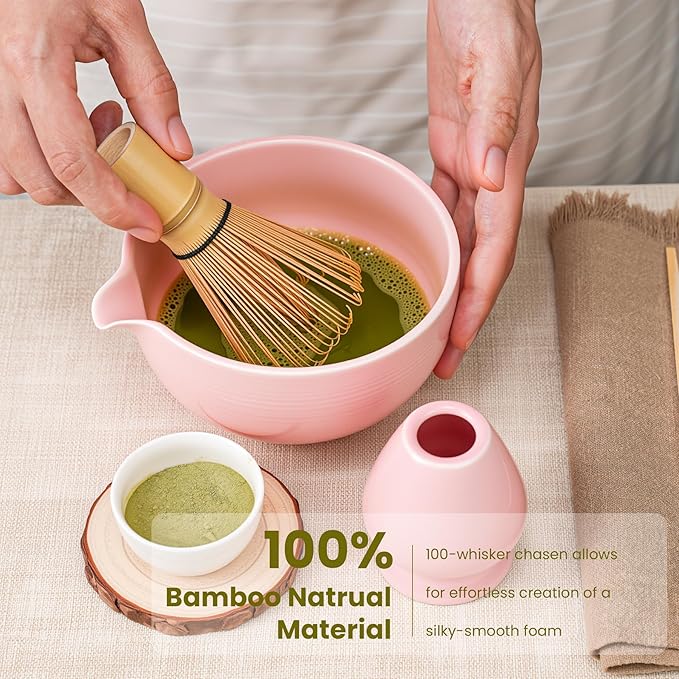 Matcha Whisk Set, Handcrafted Bamboo Chasen & Ceramic Bowl Matcha Kit,Complete 5 Pcs Pink Matcha Set Whisk and Bowl W/Stainless Steel Sifter,Bamboo Scoop & Holder for Matcha Tea Ceremony(Sakura Pink)