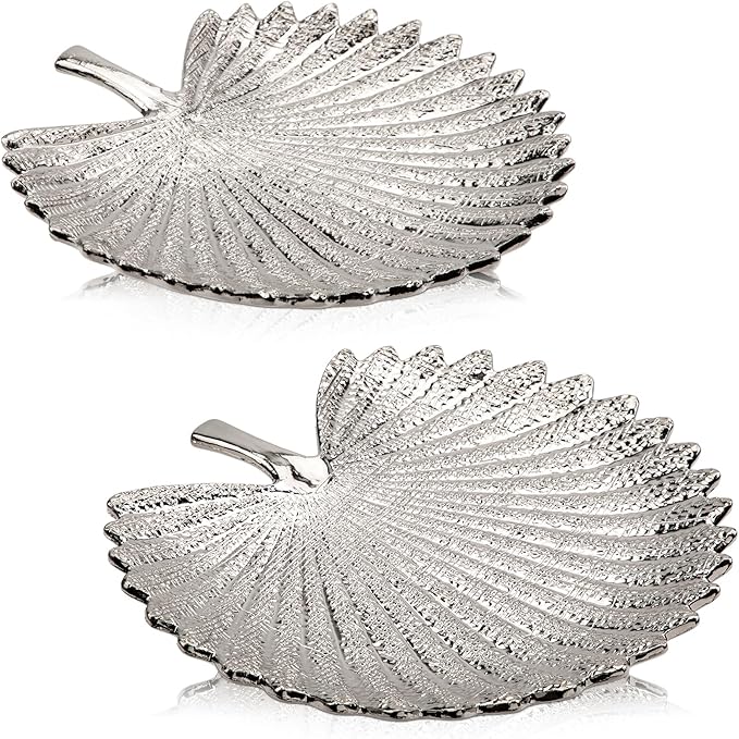 Silver Leaf Decorative Serving Tray for Table Centerpiece 10"+12" Ceramic Leaf-Shaped Trinket Dish, Candle Tray, Vanity Organizer, Coffee Table Decor, Modern Glam Home Decor, Gifts for Women