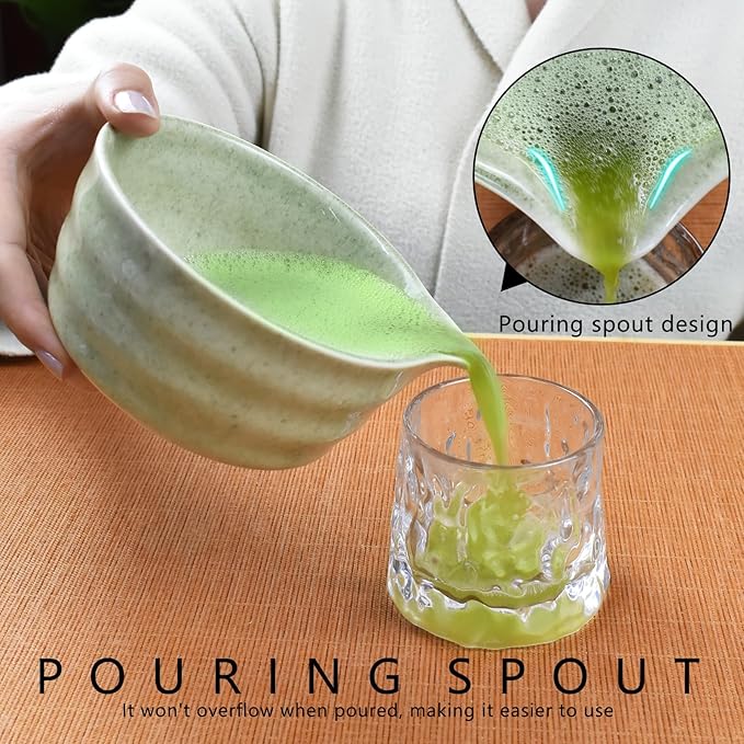 Artcome 7-Piece Matcha Tea Set - Complete Japanese Ceremony Kit with Bowl, Whisk, Scoop, Strainer & Guide, Mottled Light Green