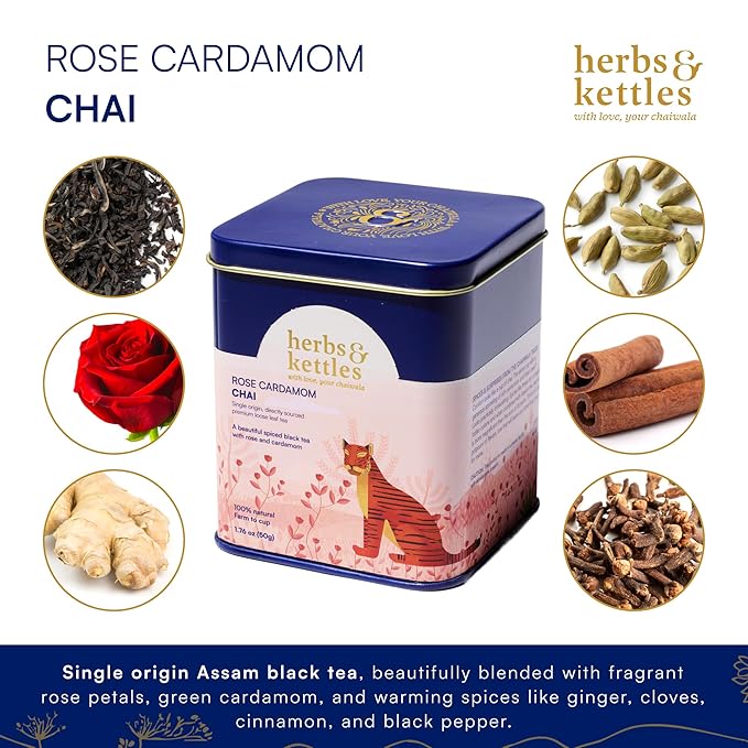 Herbs & Kettles Rose Cardamom Chai | Assam Black Tea with Rose Petals, Green Cardamom, Ginger, Cinnamon & Cloves | Floral Loose Leaf Blend | Makes 10–14 Servings | Premium Gift for Tea Lovers