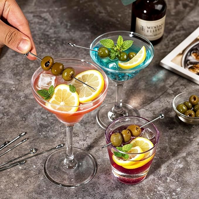 Metal Martini Cocktail Picks 9 Pcs, 4.1 in Olive Skewers Stainless Steel, Martini Garnish Sticks Reusable, Metal Toothpicks for Drinks, Appetizers, Bar Accessories Gift for Bartenders - Sliver