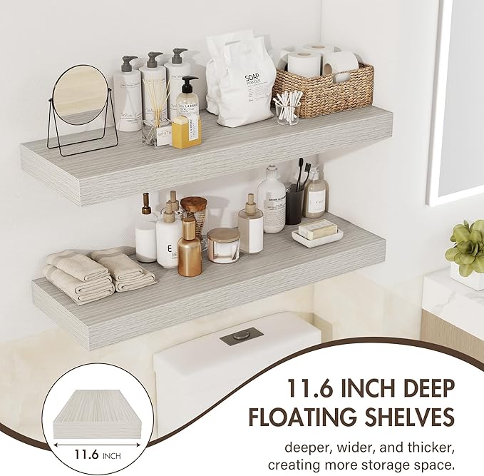 24 Inch Floating Shelves, 12" Deep Floating Shelf Wall Mounted, 24" Wall Shelves, Rustic Deep Bookshelf, Extra Deeper & Thicker Display Shelves for Bedroom, Living Room, Gray, Set of 2