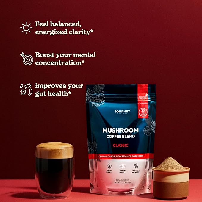 Mushroom Coffee with Collagen Bundle – Classic & Caramel Flavors (60 Servings Total) + Frother – Adaptogenic Coffee with Lion’s Mane, Chaga & Cordyceps