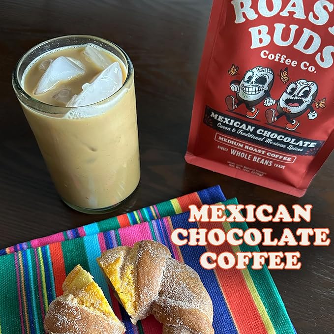 Roasty Buds Mexican Chocolate Coffee Grounds | Café Mexicano 100% Arabica Coffee, Natural Cinnamon Flavors (12 oz) | Gluten-Free, Non-GMO, No Sugar | Medium Roast (12 Ounce, Mexican Chocolate Ground)