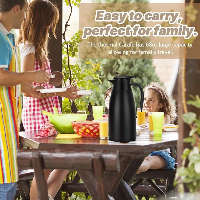 68OZ Thermal Coffee Carafes for Keeping Hot, 2 Liter Stainless Steel Thermal Carafe, Double Wall Vacuum Insulated Pitcher Tea Pot for Coffee Tea Keep Hot 12 Hours, Silver & Black