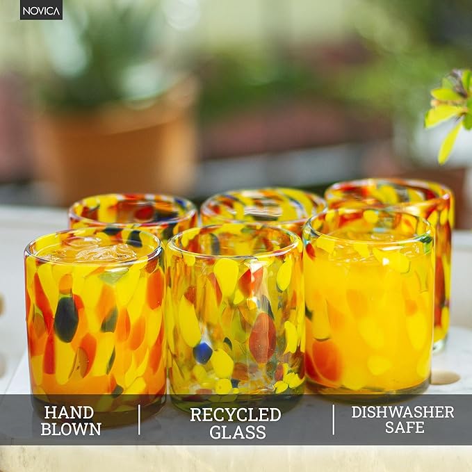 NOVICA Hand Blown Recycled Glass Multicolor Tumbler Glasses, 12 Oz. 'Liquid Confetti' (Set Of 6)