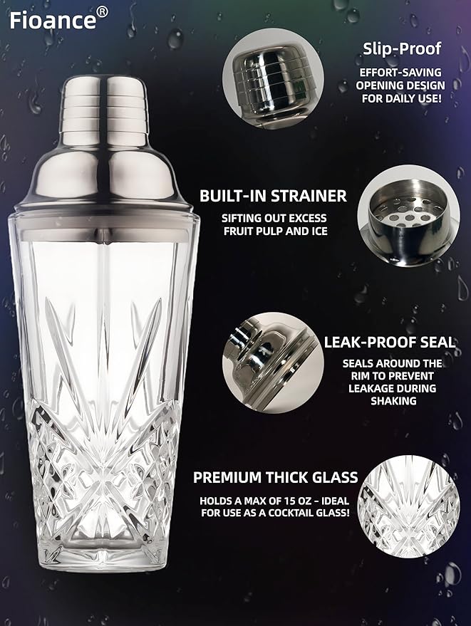 Glass Cocktail &Martini Shaker, 15oz Cutting Design - Exquisite Mixing for Elevated Mixology. Better for Crafting Artisan Esepresso,Juice,Mocktail. (Including Shaker & #SS304 Copper Pourer)