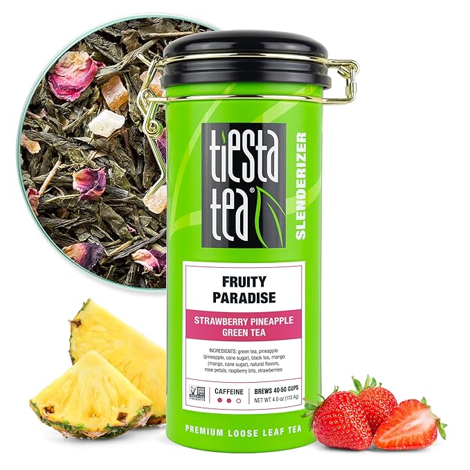 Tiesta Tea - Fruity Paradise, Loose Leaf, Strawberry Pineapple Green Tea, Premium Blend, Medium Caffeinated Green, Make Hot or Iced & Brews Up to 50 Cups, 4oz Refillable Tin