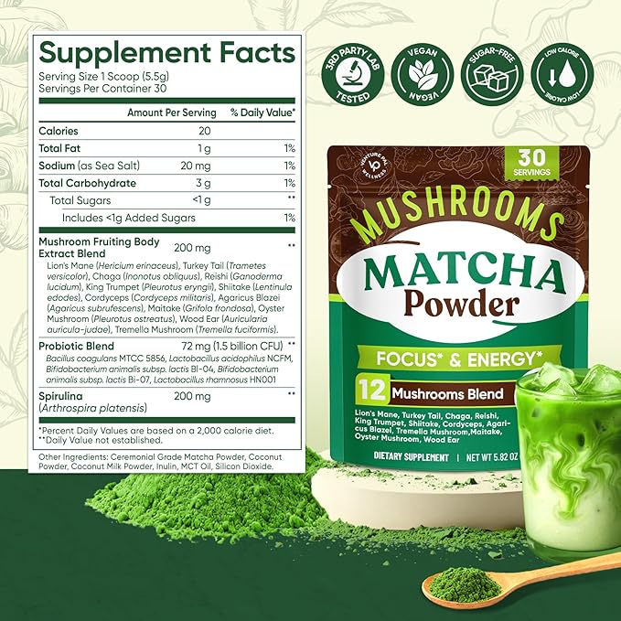 Venture Pal SUPERFOODS Mushroom Matcha Powder – 12 Adaptogenic Mushroom Coffee Alternative with 1.5B Probiotics & L-Theanine, First Harvest Ceremonial Matcha for Focus & Energy, 30 Servings