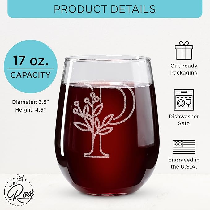 On The Rox Drinks Monogrammed Gifts For Women and Men - Letter A-Z Initial Engraved Monogram Stemless Wine Glass - 17 Oz Personalized Wine Gifts For Women and Men (P)