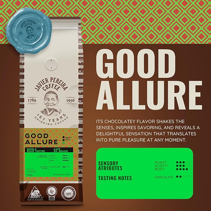 Javier Pereira Coffee - Good Allure Colombian Specialty Coffee – 100% Arabica – Medium Roast – Certified Café de Colombia – Whole Bean – with white chocolate notes - 17.6 Oz