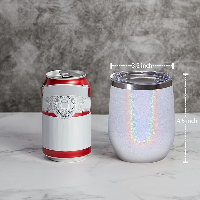 MEWAY 12oz/16 Pack Wine Tumbler Glasses with Lid - Stemless Double Wall Vacuum Stainless Steel Glitter Tumbler - Keeping Cold & Hot Cup for Coffee,Gift for Women(Rainbow White,Set of 16)