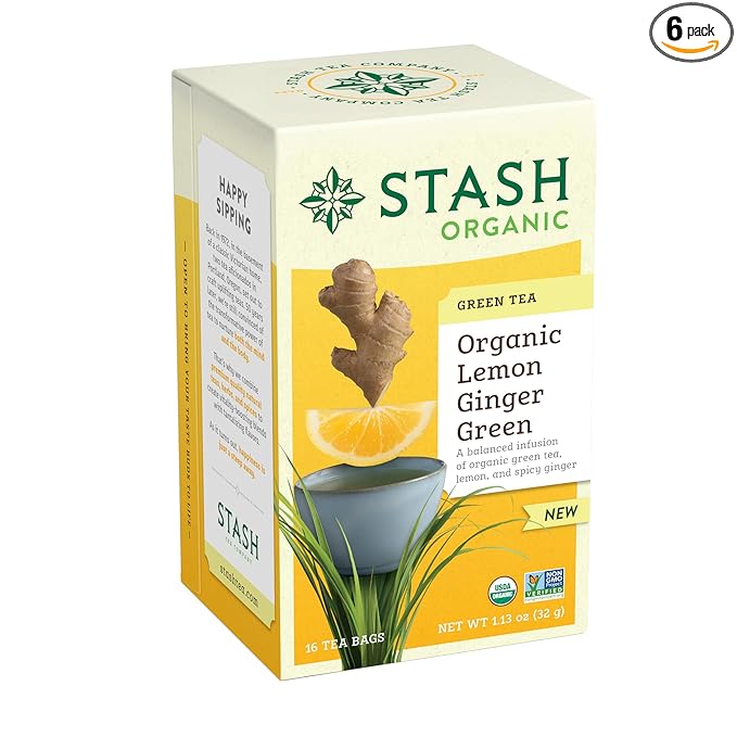 Stash Tea Organic Lemon Ginger Green Tea, Caffeinated, Non-GMO Project Verified, Serve Hot or Iced, 96 Tea Bags, 16 count (6 pack)