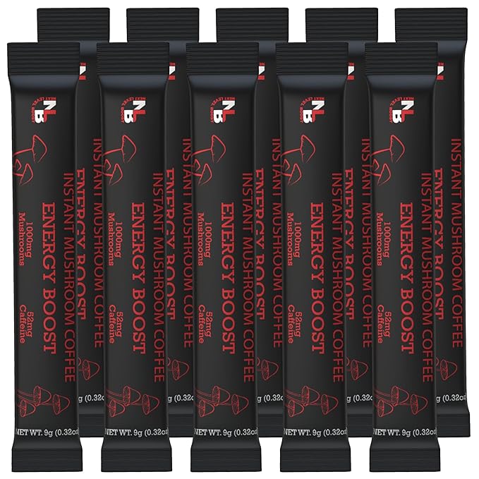 Energy Boost Organic mushroom Instant Coffee - 10 x 9g Packets - Healthy Coffee alternative and Substitute - With Dynamine, Collagen, Lions Mane and Antioxidant