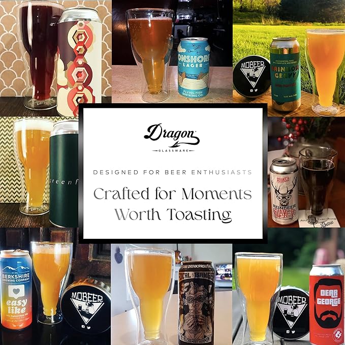Dragon Glassware Beer Glasses - 13.5 oz Clear Double Wall Insulated Beer Glass Set of 2 - Upside Down Design - Holds One Full Bottle - Freezer Safe