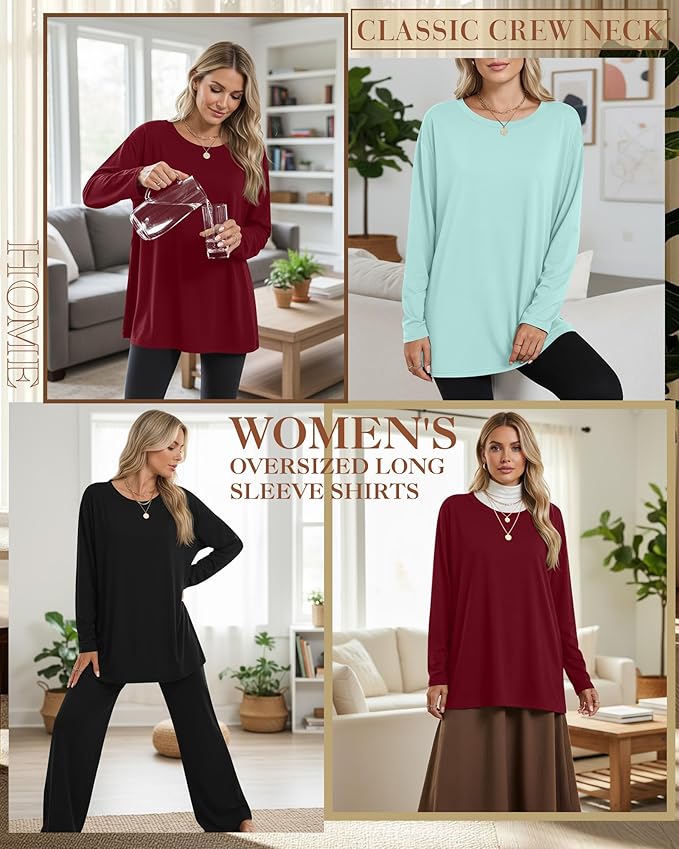 Ficerd 3 Pack Women's Oversized Long Sleeve Shirts Cotton Gym Round Neck Tops Loose Fit Casual Workout Baggy Fall Basic Tee