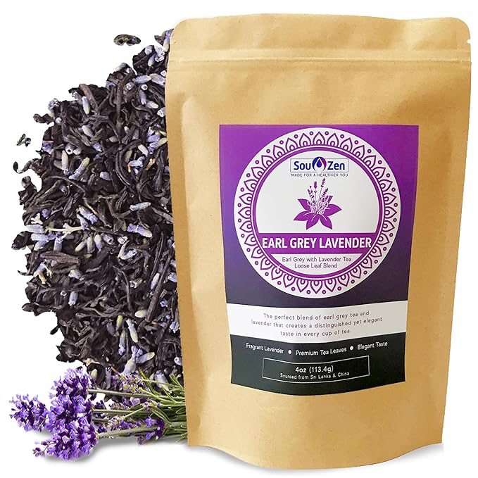 Sou Zen Earl Grey Lavender Loose Leaf Tea Blend 4oz (113g) | Ceylon Black Tea, Bergamot Oil, Lavender Flowers | Raw and Naturally Organic Ingredients | Energizing and Refreshing With No Additives