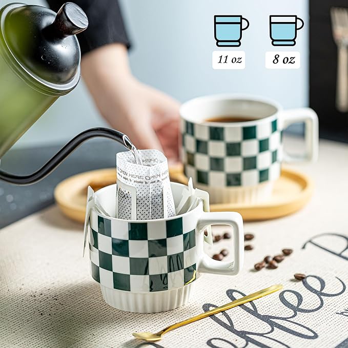 Stackable Coffee Mugs with Stand, Checkered Coffee Mug Set of 4, 11oz Espresso Cups for Beverages, Stacked Mug Set with Spoons for Christmas Housewarming Birthday Gift, Dishwasher Safe