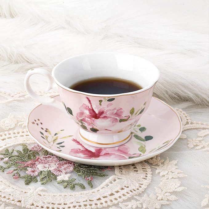 fanquare 5-Ounce Floral Tea Cups and Saucers Set of 6, Assorted Pastel Flowers Porcelain Coffee Cup with Gold Trim, Dishwasher & Freezer Safe