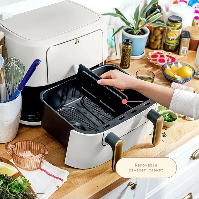 Beautiful 9QT TriZone Air Fryer, White by Drew Barrymore – Dual & Single Zone Cooking, Sync Cook & Finish, 6 Presets, Family Size, Elegant Matte Design, Dishwasher Safe