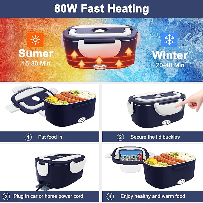 Electric Heated Lunch Boxes Adults: 80W Electric Lunch Box Food Heated 12/24/110V 1.5L Heatable Lunch Box for Car/Truck/Office Leak-Proof Stainless Steel Container, Fork & Spoon, Bag (Blue+White)