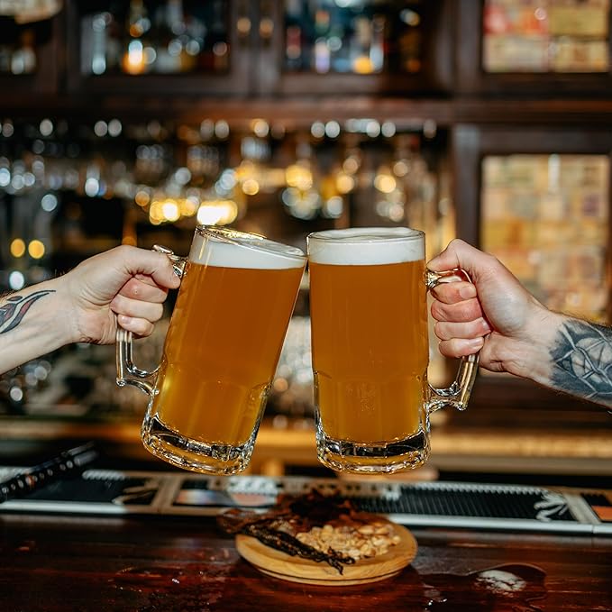 Glass Beer Mugs with Handle – 34 fl. oz. / 1L – Large & Heavy Beer Stein for Root Beer – Best Gift for Men Father Boyfriend Brother Dad – Set of 2