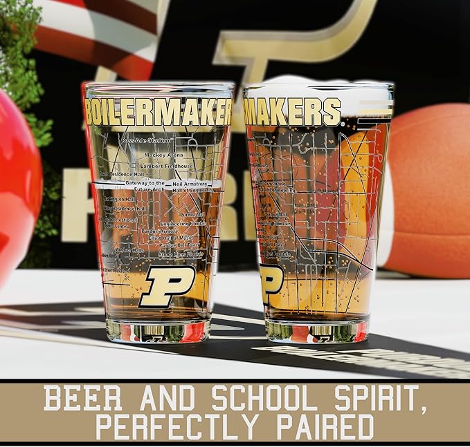 Greenline Goods – University of Purdue Boilermakers College Pint Beer Glasses (Set of 2), 16 oz – Full-Color Logo + Campus Map
