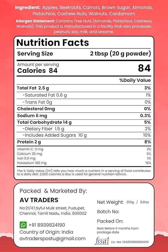 Raen Haven ABC Malt Instant Milk Mix – 8.81 oz (250g) | Nutritious Blend with Apples, Carrot, Brown Sugar, Almonds, Pistachios, Cashew Nuts, Walnuts & Cardamom | Energy Drink Powder | Pack of 1
