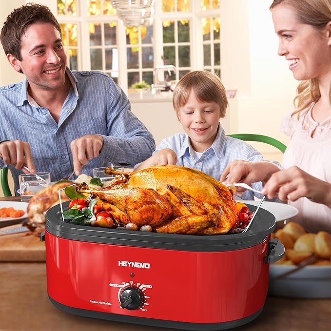 Turkey Roaster Oven Buffet with Self-Basting Lid, 1450W Electric Roaster Oven with Cool-Touch Handles, Stainless Steel with Removable Pan and Rack, Red