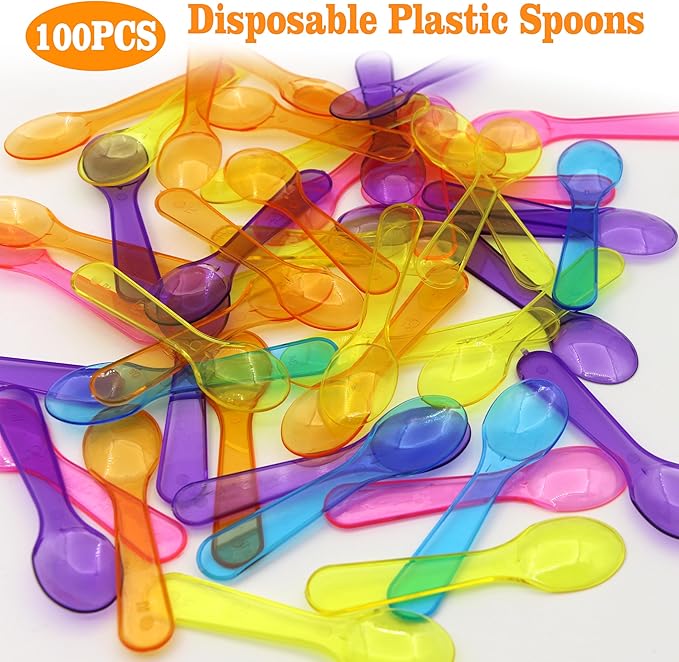 100 PCS 3 Inch Mixed Color Mini Spoons Disposable Plastic Spoons for Kids, Tasting Samples, DIY Crafts, with Multi Color, Durable, Compatible with Ice Cream, Dessert & Yogurt