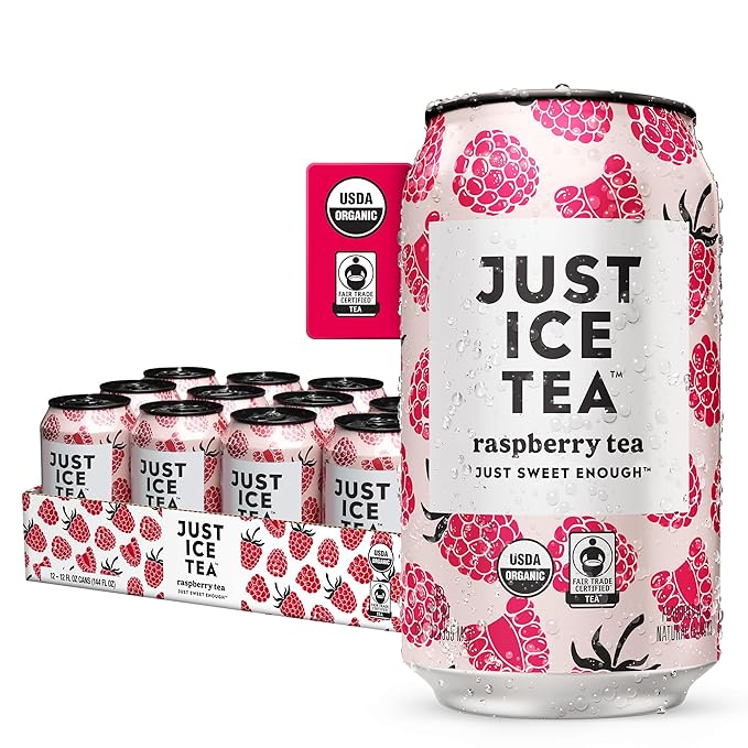 Just Ice Tea, Raspberry Flavored Black Iced Tea, 12-Pack (12oz Cans), USDA Certified Organic, Low Calorie, No Artificial Sweeteners, Fair Trade, Made in USA.
